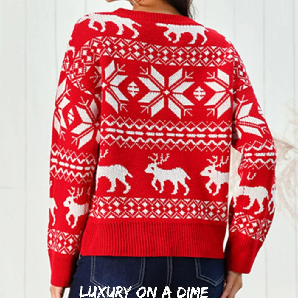 Fair Isle Snowflake Reindeer Knit Round Neck Classic Holiday Minimalist Sweater - Picture 2 of 7